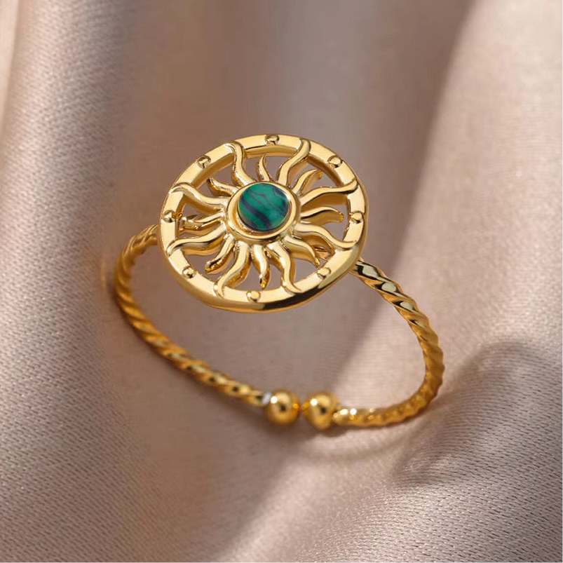sunburst ring with the green stone gold plated stainless steel waterproof non tarnish open rings
