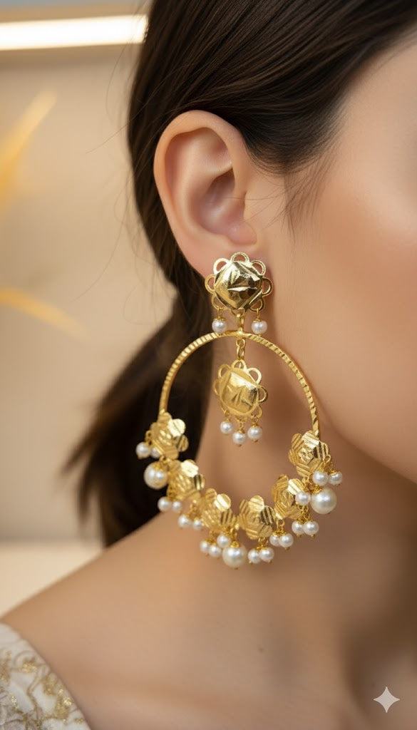 Golden hoop pearl earrings