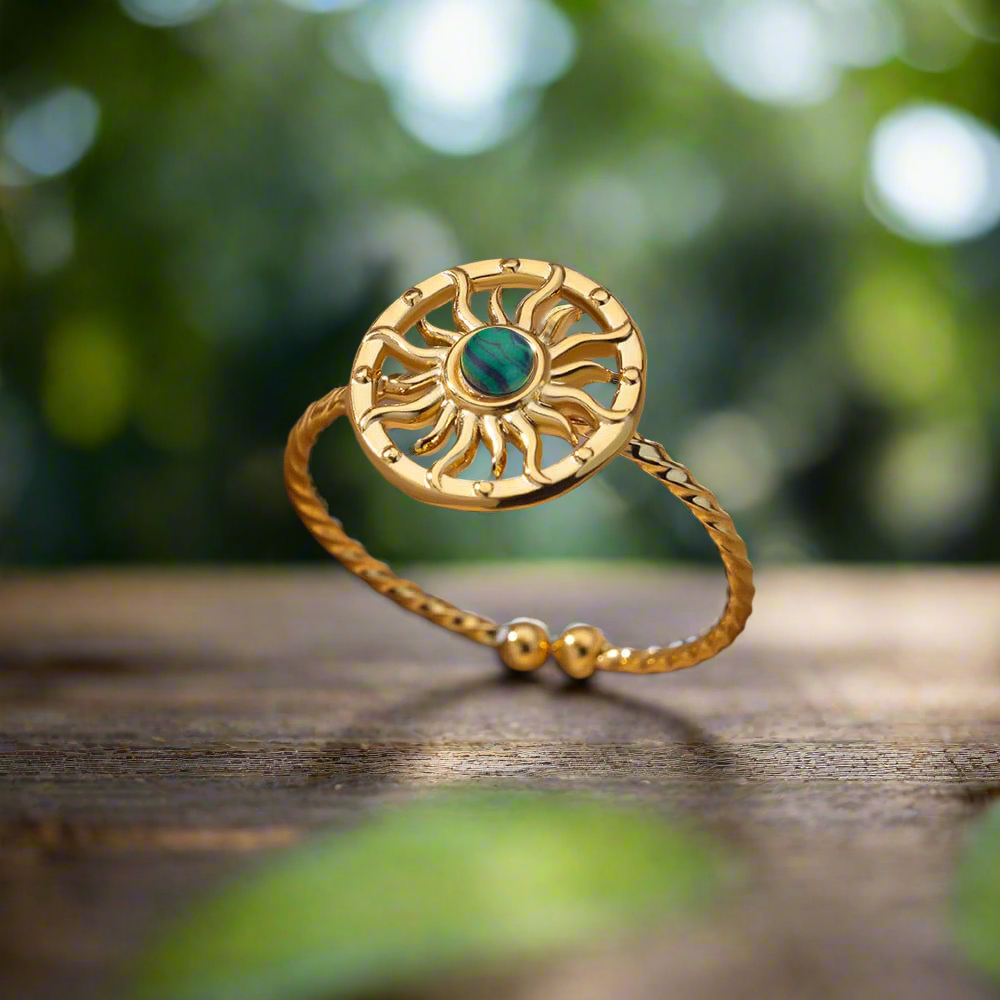 sunburst ring with the green stone gold plated stainless steel waterproof non tarnish open rings