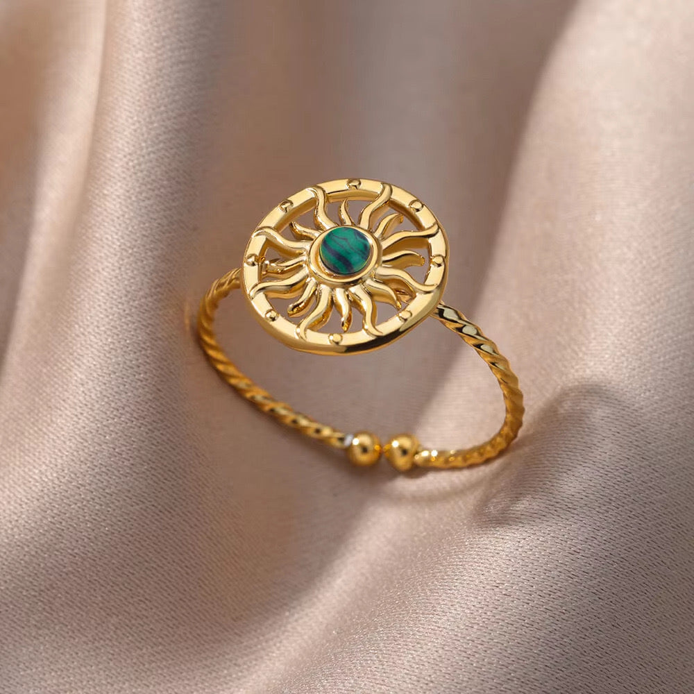 sunburst ring with the green stone gold plated stainless steel waterproof non tarnish open rings