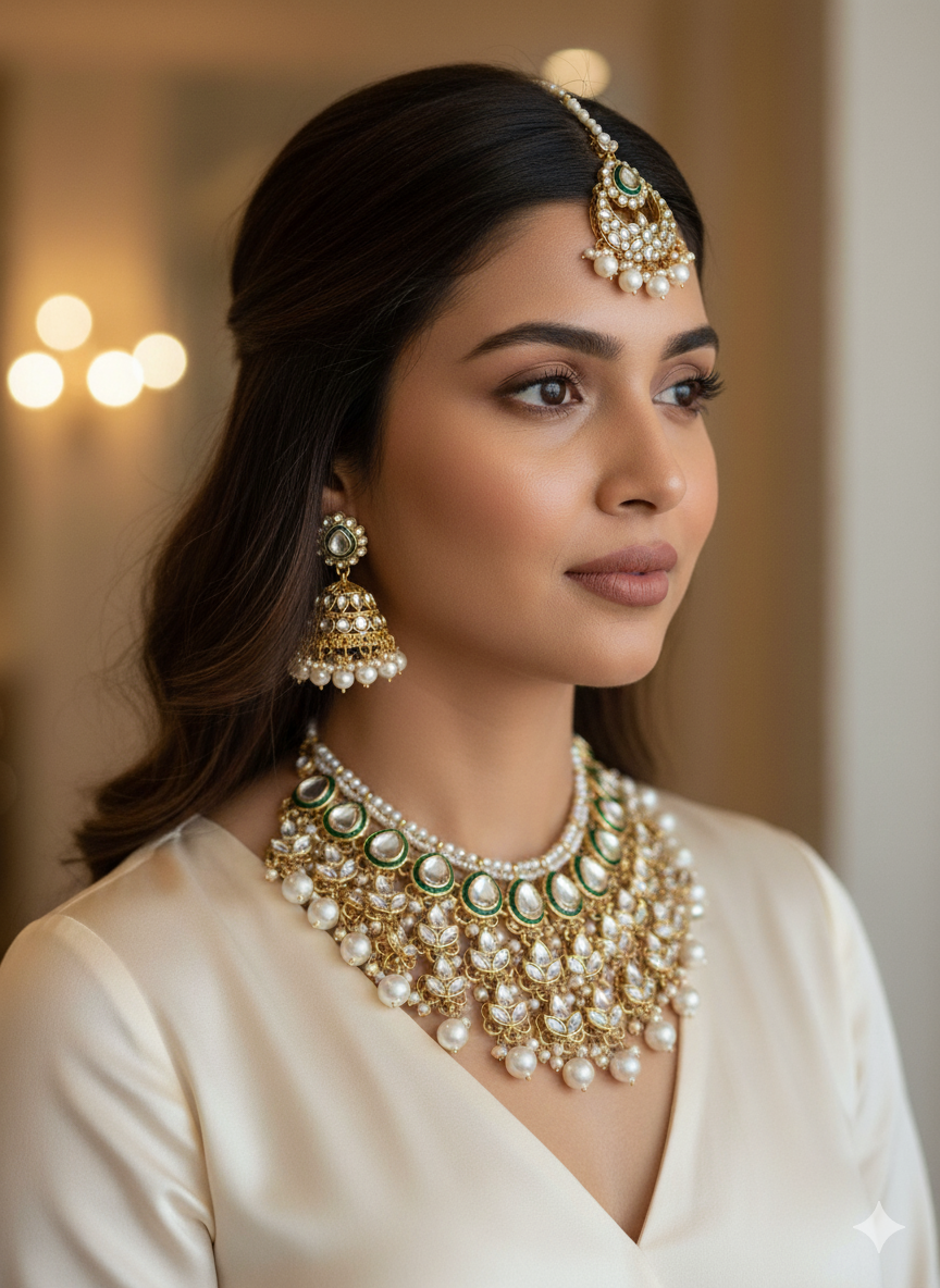 Kundan necklace with earrings and mang tika