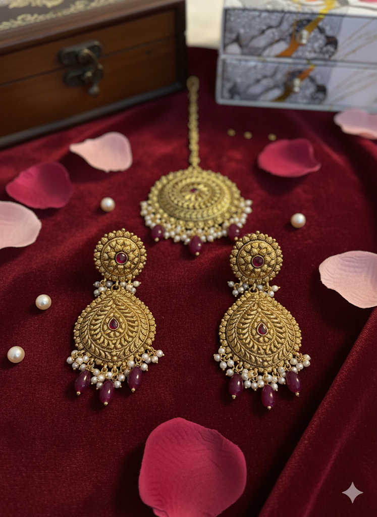 Golden Punjabi Tika with earrings set