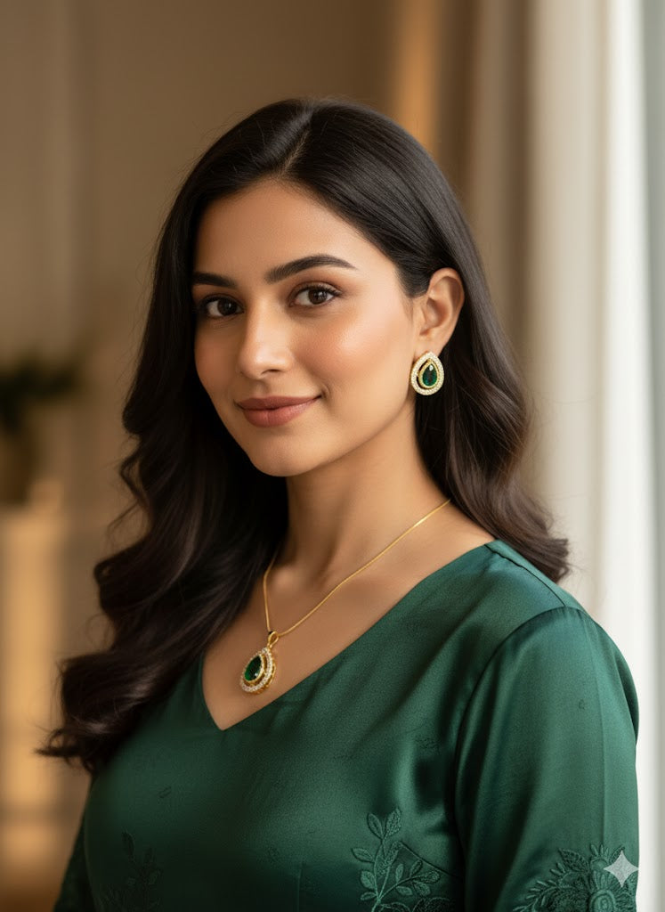 Moissanite pendant set with green stone