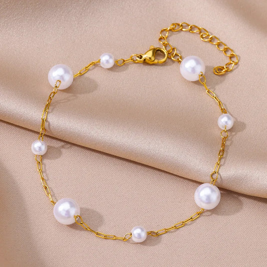 Simple Style Commute Geometric with pearl Stainless Steel Artificial Gemstones Anklet