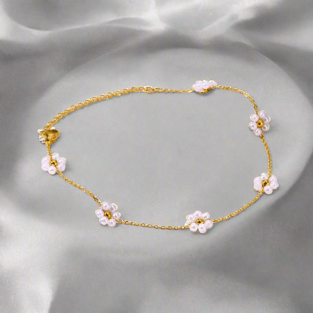 Simple Style with white small flowers Stainless Steel Artificial Gemstones Anklet