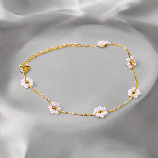 Simple Style with white small flowers Stainless Steel Artificial Gemstones Anklet