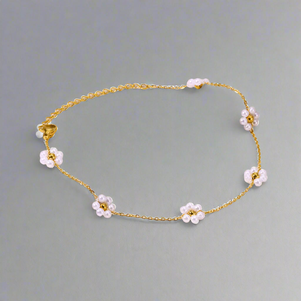 Simple Style with white small flowers Stainless Steel Artificial Gemstones Anklet