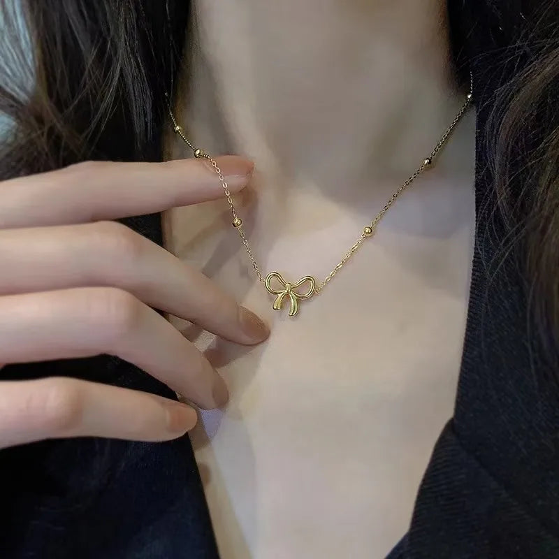 Ion Plating (IP) 18K Gold Plated Bow Knot 304 Stainless Steel Sweet Classic Style Streetwear Waterproof Non Tarnish Jewelry Set