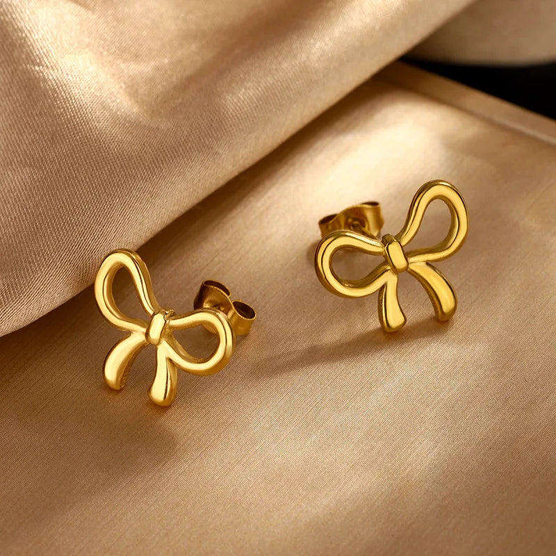 Ion Plating (IP) 18K Gold Plated Bow Knot 304 Stainless Steel Sweet Classic Style Streetwear Waterproof Non Tarnish Jewelry Set