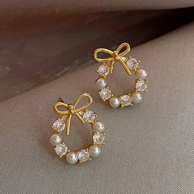 unique Bow Knot style Inlay Imitation Pearl Alloy Rhinestones Earrings