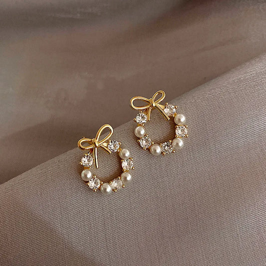 unique Bow Knot style Inlay Imitation Pearl Alloy Rhinestones Earrings