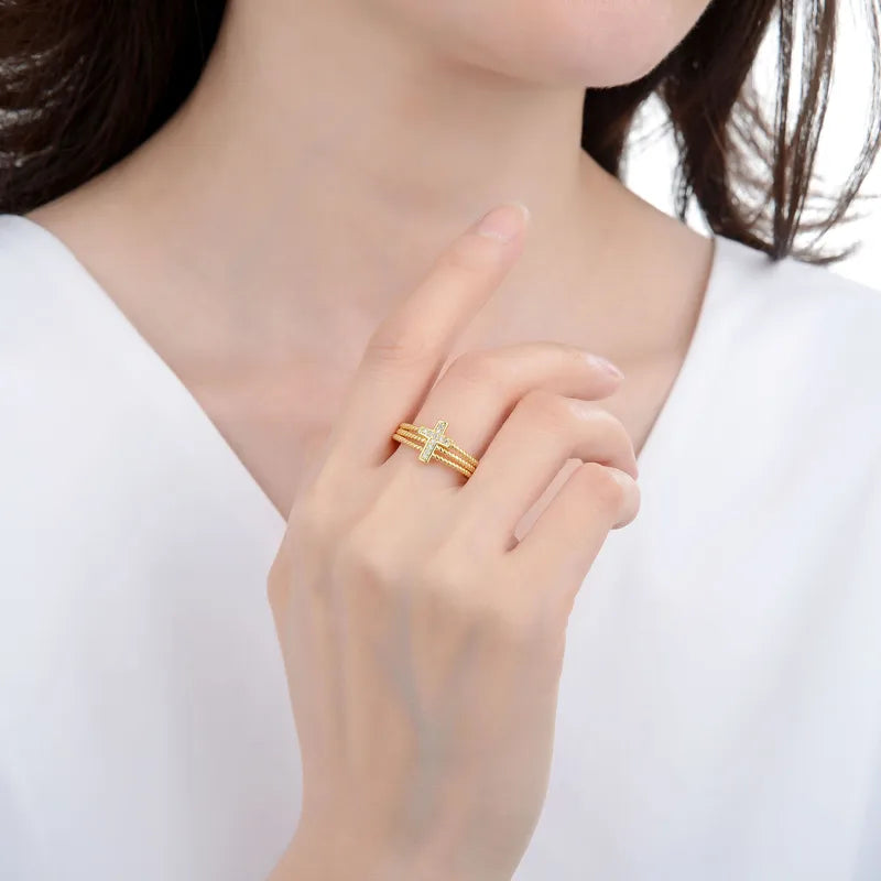 Simple Style Cross Copper Plating Inlay Zircon Unisex Open Rings