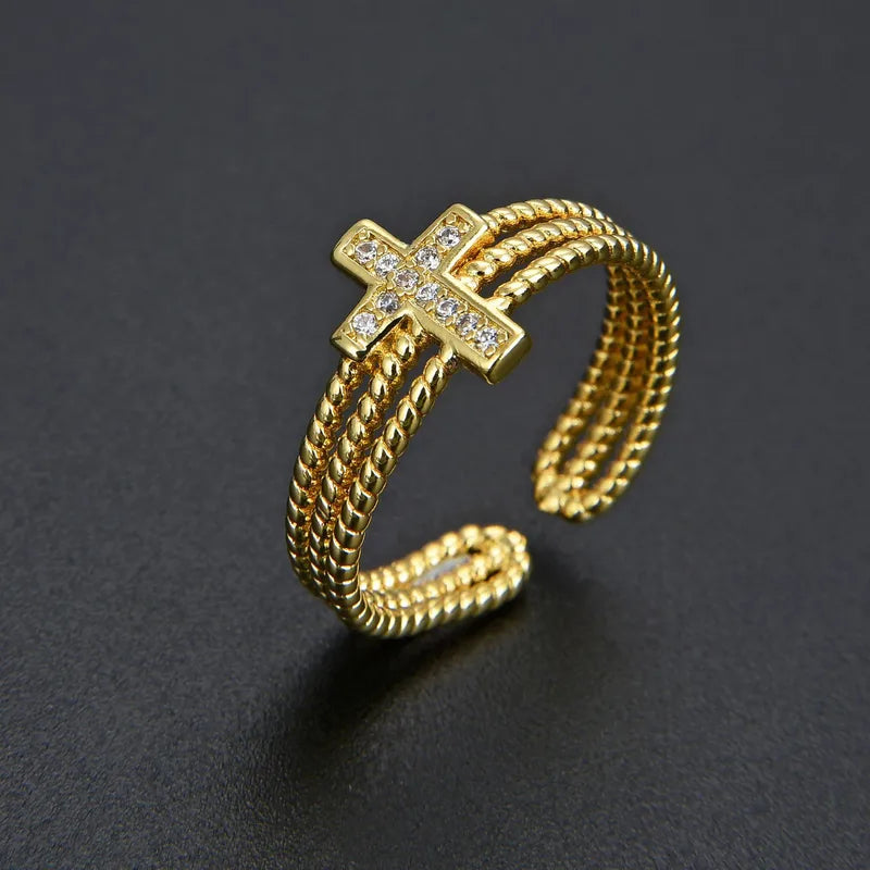 Simple Style Cross Copper Plating Inlay Zircon Unisex Open Rings