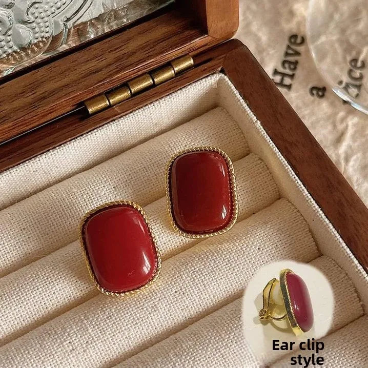 French Vintage Wine Red Earrings Silver Needle C Geometric Oil Drop Autumn Winter New Year Women's Ear Jewelry