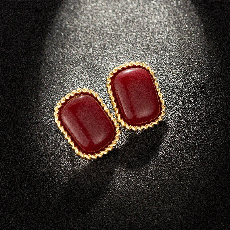 French Vintage Wine Red Earrings Silver Needle C Geometric Oil Drop Autumn Winter New Year Women's Ear Jewelry