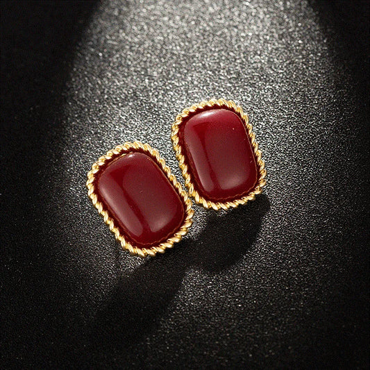 French Vintage Wine Red Earrings Silver Needle C Geometric Oil Drop Autumn Winter New Year Women's Ear Jewelry